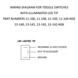 Wiring diagram for toggle switches with illuminated LED tip from K4 Switches on a white background.