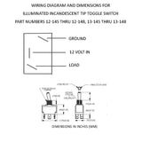 Wiring diagram and dimensions for illuminated incandescent tip toggle switch with K4 Switches branding.