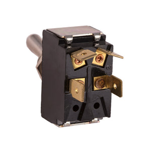 An off-on toggle switch with a metal lever and double pole configuration, featuring .250" tab terminals. SIDE VIEW