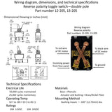 Technical specifications and wiring diagram for a reverse polarity toggle switch with K4 Switches branding.